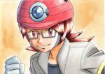  1boy black_shirt brown_hair clenched_hand collarbone commentary_request glasses grey-framed_eyewear grey_jacket hand_up helmet highres jacket long_hair looking_at_viewer male_focus oka_mochi open_clothes open_jacket parted_lips pink_headwear pokemon pokemon_(game) pokemon_dppt red_eyes roark_(pokemon) semi-rimless_eyewear shirt smile solo traditional_media upper_body yellow_background 
