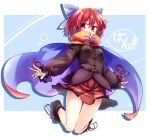  1girl bangs black_footwear black_shirt blue_background blue_bow bow cape full_body hair_bow high_collar isu_(is88) long_sleeves looking_at_viewer open_mouth purple_cape red_cape red_eyes red_skirt redhead sekibanki shirt shoes short_hair skirt smile solo touhou two-sided_cape two-sided_fabric 