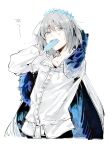  1boy blue_eyes cape crown fate/grand_order fate_(series) food food_in_mouth male_focus oberon_(fate) oyu_(oigatsu_o) popsicle silver_hair sweat upper_body white_background 