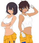  &gt;:) 2girls :d back-to-back bangs bare_shoulders black_hair blue_eyes blush breasts clenched_hands collarbone commentary_request cowboy_shot crop_top crossed_arms dark-skinned_female dark_skin eyebrows_visible_through_hair from_side furrowed_brow girls_und_panzer gloves green_eyes groin hair_between_eyes hand_up happy hoshino_(girls_und_panzer) jumpsuit jumpsuit_pull looking_at_viewer medium_breasts messy_hair midriff multiple_girls navel open_mouth orange_jumpsuit parted_bangs raised_fist redrawn shadow short_hair sideboob simple_background smile standing suzuki_(girls_und_panzer) tan tanaka_rikimaru tank_top tied_sleeves v-shaped_eyebrows white_background white_gloves white_tank_top 