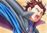  1boy blue_jacket brown_hair cape commentary_request grey_cape grey_eyes highres jacket lance_(pokemon) male_focus oka_mochi open_mouth orange_background outstretched_arm pokemon pokemon_(game) pokemon_hgss popped_collar short_hair solo spiky_hair tongue traditional_media turtleneck turtleneck_jacket upper_body upper_teeth 