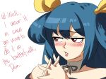  1girl bangs bare_shoulders blue_hair blush choker dizzy_(guilty_gear) english_text eyebrows_visible_through_hair fingers_together guilty_gear guilty_gear_xrd hair_between_eyes hair_ribbon hair_rings highres lips long_hair looking_away red_eyes ribbon shy tina_fate yellow_ribbon 