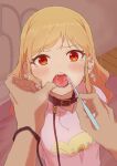  1girl 1other belt_collar blonde_hair blush brushing_another&#039;s_teeth collar copyright_request eyelashes highres holding holding_toothbrush leash long_hair looking_at_viewer open_mouth osame pink_shirt pov pov_hands red_eyes saliva shirt solo_focus tongue toothbrush viewer_holding_leash 