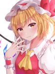  1girl ascot bangs blonde_hair blush crystal eyebrows_visible_through_hair flandre_scarlet frilled_shirt_collar frills hand_up hat highres light_smile mob_cap one_side_up puffy_short_sleeves puffy_sleeves red_eyes red_vest revision short_sleeves simple_background solo touhou upper_body user_nrmw5443 vest white_background white_headwear wings wrist_cuffs yellow_neckwear 