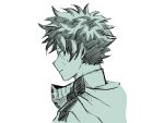 1boy bangs boku_no_hero_academia buthikireta closed_mouth commentary_request cropped_shoulders expressionless freckles from_side greyscale hood hood_down male_focus mask midoriya_izuku monochrome mouth_mask multicolored_hair profile simple_background solo two-tone_hair uniform upper_body white_background 
