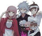  1girl 2boys :o ahoge alternate_hair_ornament apron bandages bangs black_footwear black_pants blunt_bangs breasts brown_hair capelet cosplay crazy_eyes danganronpa_(series) danganronpa_2:_goodbye_despair death_(entity) galaga grey_hair grim_reaper grim_reaper_(cosplay) hair_between_eyes hair_ornament halloween_costume highres hinata_hajime holding holding_mask hood hood_down komaeda_nagito large_breasts little_red_riding_hood_(grimm) little_red_riding_hood_(grimm)_(cosplay) looking_at_viewer mask mask_on_head multiple_boys mummy_costume nail_polish nanami_chiaki open_mouth pants red_capelet red_nails red_ribbon red_skirt ribbon short_hair skirt sleeping symbol-only_commentary triangle_hair_ornament upper_teeth uyu_(uyuchaxx) waist_apron white_apron 