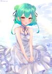  1girl bare_arms bare_shoulders blue_hair blue_ribbon blush brooch choker circle_skirt double_bun dress flat_chest frilled_dress frills gradient_hair green_hair hair_ribbon highres hololive jewelry looking_at_viewer multicolored_hair parted_lips red_eyes ribbon shirokumo_kuromu short_hair sidelocks sleeveless sleeveless_dress smile solo spaghetti_strap twitter_username uruha_rushia virtual_youtuber white_choker white_dress 