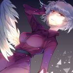  1girl angel_wings artist_name belt bowtie_removed breasts collared_dress commentary_request dress eyebrows_visible_through_hair feathered_wings grey_background hair_between_eyes hand_in_hair highres jacket jacket_removed kanta_(pixiv9296614) kishin_sagume large_breasts long_sleeves looking_at_viewer partial_commentary purple_dress red_eyes short_hair silver_hair single_wing solo touhou wings 