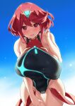  1girl bangs bare_shoulders black_swimsuit blue_sky blush breasts chest_jewel earrings fuya_(tempupupu) jewelry large_breasts looking_at_viewer one-piece_swimsuit open_mouth pyra_(pro_swimmer)_(xenoblade) pyra_(xenoblade) red_eyes red_swimsuit redhead short_hair sky smile solo swept_bangs swimsuit tiara two-tone_swimsuit xenoblade_chronicles_(series) xenoblade_chronicles_2 