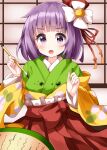  1girl :o bangs eyebrows_visible_through_hair floral_print flower green_kimono hair_flower hair_ornament hieda_no_akyuu highres holding holding_paintbrush indoors ink ink_on_clothes japanese_clothes kimono long_sleeves looking_at_viewer open_mouth paintbrush purple_hair red_skirt ruu_(tksymkw) scroll short_hair skirt solo touhou v-shaped_eyebrows violet_eyes white_flower wide_sleeves 