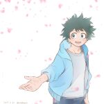  1boy bangs blue_jacket blue_pants boku_no_hero_academia buthikireta commentary_request cowboy_shot dated freckles green_eyes green_hair hood hood_down hooded_jacket jacket looking_at_viewer male_focus midoriya_izuku open_clothes open_jacket open_mouth pants petals shirt short_hair simple_background smile solo twitter_username white_background white_shirt 