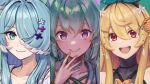  3girls absurdres bangs blonde_hair blue_hair collarbone elira_pendora finana_ryugu g9_(jiiku) green_eyes green_hair hair_between_eyes hair_ornament hair_over_one_eye hair_ribbon hairclip hand_to_own_mouth highres huge_filesize lazulight long_hair looking_at_viewer multicolored_hair multiple_girls nijisanji nijisanji_en open_mouth pomu_rainpuff portrait red_eyes ribbon slit_pupils smile two-tone_hair violet_eyes virtual_youtuber white_hair 