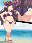  1girl arulumaya ass bikini black_bikini bracelet breasts brown_hair crown curvy eyelashes fake_horns granblue_fantasy harvin high_heels highres horns jewelry kihaiu light_smile long_hair mole mole_under_eye multiple_views navel pointy_ears ribbon small_breasts swimsuit thigh_gap thigh_ribbon thighs very_long_hair yellow_eyes 