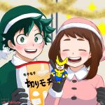  1boy 1girl all_might bangs black_gloves blush boku_no_hero_academia brown_gloves brown_hair buthikireta charm_(object) closed_eyes commentary_request dated gloves green_eyes green_hair green_headwear happy hat midoriya_izuku open_mouth pink_headwear santa_costume santa_hat short_hair smile teeth translation_request twitter_username 