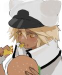  1girl black_hair blonde_hair burger dark-skinned_female dark_skin eating flasso food french_fries guilty_gear guilty_gear_strive hair_between_eyes hat highres ramlethal_valentine yellow_eyes 