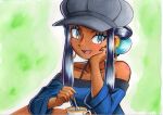  1girl :d black_hair blue_eyes blue_eyeshadow blue_hair blue_shirt blush body_blush collarbone commentary_request cup dark-skinned_female dark_skin ear_clip earrings eyelashes eyeshadow green_background grey_headwear hat highres holding holding_spoon hoop_earrings jewelry makeup multicolored_hair nessa_(pokemon) off-shoulder_shirt off_shoulder oka_mochi open_mouth pokemon pokemon:_twilight_wings shirt smile solo spoon stirring table tongue traditional_media two-tone_hair upper_body 