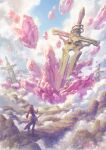  ambiguous_gender blue_sky clouds crystal fantasy garutaisa original oversized_object planted planted_sword red_scarf scarf scenery sky solo standing sword weapon 