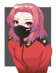  1girl border breasts brown_eyes girls_und_panzer grey_background highres jacket looking_at_viewer mask medium_breasts medium_hair military military_uniform mouth_mask outside_border pink_hair red_jacket rosehip_(girls_und_panzer) solo st._gloriana&#039;s_military_uniform supreme uniform white_border zono_(inokura_syuzo029) 