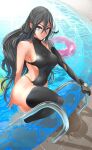  1girl asymmetrical_clothes black_hair blue_eyes breasts character_request commentary_request eyelashes highres large_breasts long_hair looking_at_viewer original pool pool_ladder poolside shindol sideboob solo swimsuit thigh-highs thighs very_long_hair 