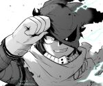  1boy bangs bodysuit boku_no_hero_academia buthikireta clenched_teeth commentary_request dated energy evil_grin evil_smile fang gloves glowing glowing_eye greyscale grin hand_up hood looking_at_viewer male_focus midoriya_izuku monochrome scarf simple_background smile teeth torn_bodysuit torn_clothes twitter_username white_background 
