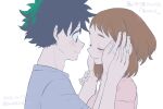  1boy 1girl bangs blush boku_no_hero_academia brown_hair buthikireta closed_eyes commentary_request dated from_side green_hair grey_shirt hands_on_another&#039;s_face hetero looking_at_another midoriya_izuku pink_shirt scar scar_on_arm shirt short_hair simple_background smile translation_request twitter_username upper_body uraraka_ochako white_background 