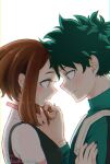  1boy 1girl bangs black_bodysuit blush bodysuit boku_no_hero_academia brown_eyes brown_hair buthikireta commentary_request couple dated eye_contact freckles from_side green_bodysuit green_hair hetero looking_at_another messy_hair midoriya_izuku sidelocks simple_background smile twitter_username uraraka_ochako white_background white_bodysuit 