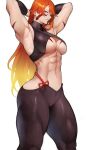  1girl abs absurdres armpits arms_behind_head arms_up bangs bare_arms bare_shoulders biceps black_pants blonde_hair body_markings breasts collarbone detached_sleeves facepaint fuuma_kotarou_(tenkaichi) gradient_hair halter_top halterneck highres large_breasts long_hair looking_at_viewer multicolored_hair muscular muscular_female navel pants red_eyes redhead shoulders smile solo tenkaichi_nihon_saikyou_bugeisha_ketteisen thick_thighs thighs toned under_boob yoshio_(55level) 
