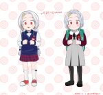  1girl :o backpack bag bangs black_legwear blush boku_no_hero_academia braid buthikireta character_name clenched_hands collared_shirt commentary_request dated eri_(boku_no_hero_academia) flower green_bag grey_hair hair_ornament hairclip heart horns long_hair multiple_views pantyhose red_eyes red_flower red_footwear rose shirt shoes single_horn smile twin_braids twitter_username upper_teeth vest white_background white_footwear 