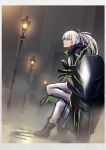  1girl aek-999_(girls&#039;_frontline) blue_jacket eyebrows_visible_through_hair girls_frontline grey_hair ground_vehicle highres jacket lamp lodbyy long_hair looking_away motor_vehicle motorcycle open_clothes open_jacket pants ponytail smile solo standing standing_on_one_leg white_pants yellow_eyes 