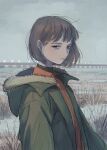  1girl brown_eyes brown_hair closed_mouth collared_shirt commentary expressionless grass green_jacket grey_sky highres hood hood_down hooded_jacket jacket katsuoboshi looking_at_viewer open_clothes open_jacket orange_shirt original outdoors shirt short_hair solo turtleneck upper_body 