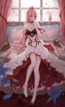  1girl absurdres bed commentary_request curtains finger_to_mouth full_body highres indoors long_hair looking_at_viewer pantyhose pillow pink_hair shionne_(tales) sitting solo tales_of_(series) tales_of_arise tiara vase white_legwear window yuzuriha 