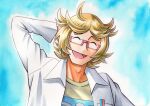  1boy :d ahoge arm_behind_head bangs blonde_hair blue_background closed_eyes commentary_request glasses hand_up highres labcoat long_sleeves male_focus oka_mochi open_mouth parted_bangs pokemon pokemon_(anime) pokemon_swsh_(anime) ren_(pokemon) shirt short_hair smile solo tongue traditional_media upper_body yellow_shirt 