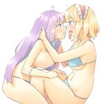  2girls alice_margatroid arnest bare_arms bare_legs bare_shoulders bikini blonde_hair blue_bikini blue_eyes blush breasts eyebrows_visible_through_hair hairband highres large_breasts lolita_hairband long_hair multiple_girls navel open_mouth patchouli_knowledge purple_bikini purple_hair red_hairband simple_background swimsuit touhou violet_eyes white_background 