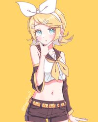  1girl aegissanp aqua_eyes blonde_hair blue_eyes bow chin_stroking detached_sleeves hair_bow hair_ornament hairclip hand_on_own_chin highres kagamine_rin looking_at_viewer open_mouth sailor_collar shorts solo treble_clef twitter_username vocaloid yellow_background 