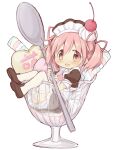  1girl absurdres alternate_costume blush boots cherry cup eyebrows_visible_through_hair eyes_visible_through_hair food fruit h_om highres in_container in_cup kaname_madoka mahou_shoujo_madoka_magica maid maid_headdress pink_eyes pink_hair ribbon short_twintails smile solo spoon thigh-highs twintails zettai_ryouiki 