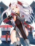  1girl absurdres alternate_costume azur_lane black_gloves black_legwear breasts eyebrows_visible_through_hair finger_to_mouth garter_straps gloves highres large_breasts light_brown_eyes lodbyy long_hair looking_at_viewer looking_away mole mole_on_breast multicolored_hair prinz_eugen_(azur_lane) silver_hair solo thigh-highs 