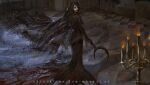  1girl absurdres black_dress black_hair blood blood_on_face blood_on_weapon blurry blurry_background candle candlestand cassandra_dimitrescu dress english_commentary full_body grey_eyes highres holding holding_weapon hood hood_up indoors long_hair looking_at_viewer looking_back resident_evil resident_evil_village sickle solan solo standing watermark weapon web_address 