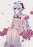 1girl absurdres ahoge alternate_costume bangs blue_hair blush chinese_clothes commentary_request flower ganyu_(genshin_impact) genshin_impact hair_flower hair_ornament hand_on_lap hanfu highres horns long_hair looking_at_viewer petals ryere sidelocks simple_background sitting violet_eyes 
