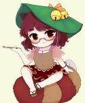1girl animal_ears bangs bell bottle bow brown_eyes brown_footwear brown_hair brown_shirt brown_skirt chibi cigarette closed_mouth eyebrows_visible_through_hair futatsuiwa_mamizou glasses green_headwear hair_between_eyes hand_up hat hat_bow highres looking_to_the_side pink_sleeves raccoon_ears raccoon_tail rei_(tonbo0430) sandals shirt short_hair short_sleeves simple_background sitting sitting_on_tail skirt smile solo t-shirt tail touhou yellow_background yellow_bow