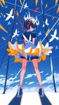  1girl bird black_hair blue_sky clouds cloudy_sky facing_away frills from_behind full_body highres original profile shadow shoes sky solo standing white_bird wind window1228 