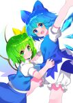  2girls ascot bloomers blue_bow blue_eyes blue_hair blue_skirt blue_vest blush bow breasts cirno collared_shirt daiyousei dress eyebrows_visible_through_hair fairy_wings green_eyes green_hair hair_between_eyes hair_bow highres ice ice_wings looking_at_viewer multiple_girls open_mouth pinafore_dress puffy_short_sleeves puffy_sleeves ribbon shirt short_hair short_sleeves side_ponytail skirt small_breasts touhou underwear vest white_shirt wings yellow_neckwear yellow_ribbon yuujin_(yuzinn333) 