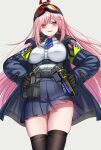  1girl absurdres black_gloves black_legwear blue_jacket blue_skirt blush breasts earrings eyebrows_visible_through_hair eyewear_on_head feet_out_of_frame from_below girls_frontline gloves hair_ornament hairclip hands_on_hips heart heart_earrings highres jacket jewelry large_breasts long_hair looking_at_viewer mole mole_under_eye open_clothes open_jacket open_mouth pink_hair police police_uniform safety_glasses shirt sig_mcx_(girls&#039;_frontline) skirt smile solo standing thigh-highs uniform violet_eyes walkie-talkie white_background white_shirt yakob_labo 