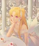  1girl alternate_costume bangs bare_shoulders blonde_hair bow bug butterfly cake cake_slice chair choker closed_mouth cup day dress earrings ereshkigal_(fate) expressionless eyebrows_visible_through_hair fate/grand_order fate_(series) food fruit hair_bow hand_on_own_cheek hand_on_own_face highres jewelry long_hair looking_at_viewer necklace off-shoulder_dress off_shoulder outdoors parted_bangs petals pillar pink_eyes plate saucer sitting solo strawberry table tea teacup tr_(hareru) very_long_hair white_bow white_choker white_dress 