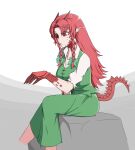  1girl braid breasts chinese_clothes collarbone dragon_girl dragon_horns dragon_tail green_skirt green_vest hair_ribbon highres hong_meiling horns large_breasts long_hair mata_(matasoup) pointy_ears red_eyes redhead ribbon scales shirt sitting skirt slit_pupils solo sweatdrop tail torn_clothes touhou tress_ribbon twin_braids vest white_shirt white_sleeves 