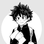  1boy bangs boku_no_hero_academia buthikireta closed_mouth commentary_request freckles grey_background greyscale holding long_sleeves male_focus midoriya_izuku monochrome multicolored_hair short_hair simple_background smile solo spiky_hair twitter_username two-tone_background two-tone_hair upper_body white_background 