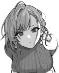 1girl absurdres arisugawa_natsuha asteria_(driftingprhp) breasts earrings eyebrows_visible_through_hair greyscale highres idolmaster idolmaster_shiny_colors jewelry large_breasts leaning_forward long_hair looking_at_viewer monochrome pout simple_background solo white_background 