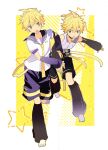  2boys arm_warmers bass_clef belt black_collar black_legwear black_shorts black_sleeves blonde_hair border collar collared_shirt commentary d_futagosaikyou detached_sleeves dual_persona green_eyes headphones highres holding_another&#039;s_arm kagamine_len kagamine_len_(append) leg_warmers male_focus multiple_boys necktie open_mouth pendant_choker pulled_by_another pulling running sailor_collar school_uniform shirt short_ponytail shorts sleeveless sleeveless_shirt spiky_hair standing star_(symbol) v-shaped_eyebrows vocaloid vocaloid_append white_border white_shirt wide-eyed yellow_background yellow_neckwear 