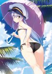  1girl adjusting_clothes adjusting_swimsuit ass bangs beach bikini black_bikini day dutch_angle eyebrows_visible_through_hair feet_out_of_frame hat highres holding holding_umbrella island_(game) kuuchuu_yousai long_hair looking_at_viewer looking_back official_art ohara_rinne outdoors peaked_cap photoshop_(medium) side-tie_bikini silver_hair solo swimsuit umbrella wading water yellow_eyes 