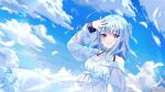  1girl amatsuka_uto artist_name bangs blue_bow blue_eyes blue_hair blush bow commentary dress english_commentary feathers highres indie_virtual_youtuber long_hair off-shoulder_dress off_shoulder official_art open_hand parted_lips rosuuri silver_dress sky smile solo two_side_up virtual_youtuber 