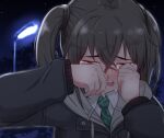  1girl blush closed_eyes commentary_request crying dokudoku913 highres idolmaster idolmaster_cinderella_girls jacket lamppost necktie night night_sky open_mouth sharp_teeth sky solo sunazuka_akira tears teeth tree twintails upper_body wiping_tears 